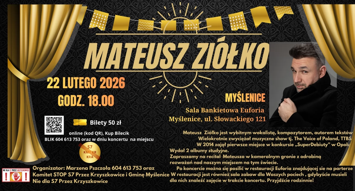 Zaproszenia , Mateusz Ziółko wystąpi Myślenicach Recital lutego koncercie będzie można porozmawiać przedstawicielami  Stowarzyszenia Mieszkańców Przez Krzyszkowice Gminę Myślenice - zdjęcie, fotografia