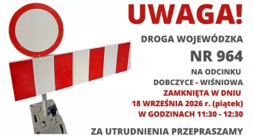 Utrudnienia na DW 964. W piątek przez godzinę  zamknięty będzie odcinek drogi Wiśniowa–Dobczyce